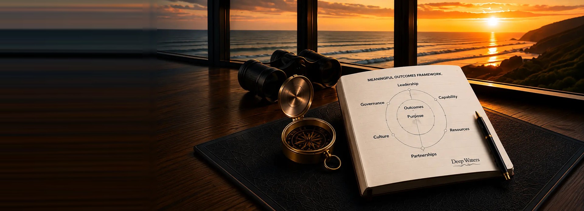 An open notebook and fountain pen on a desk overlooking a calm ocean at sunrise