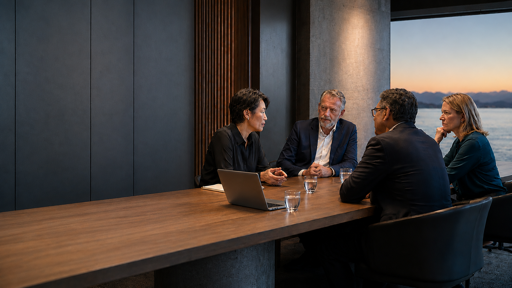 Four senior leaders in confidential conversation around a long timber table at dusk