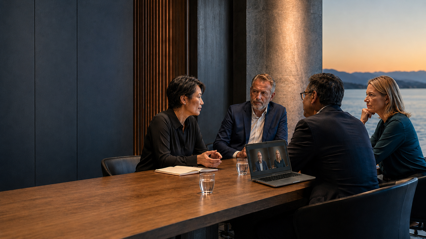 Senior leaders in a Forum session with two colleagues joining on screen